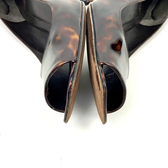 Stuart Weitzman Brown Patent Leather Tortoise Shell Peep Toe Pumps Size 9.5M - Picture 10 of 16